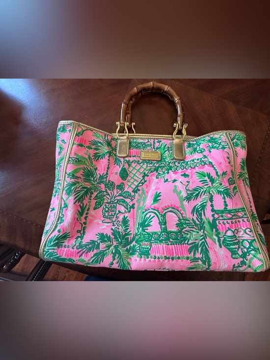 Lilly Pulitzer Handbags - Lilly Pulitzer Pink & Green Tropical Canvas Tote with Bamboo Handles